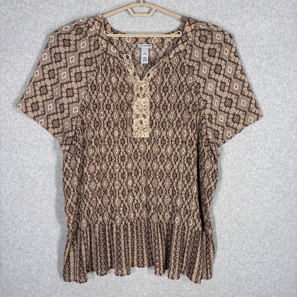 Catherines Embellished Tunic Blouse 5X Pintuck Pleated Ruffle Boho Neutral Aztec